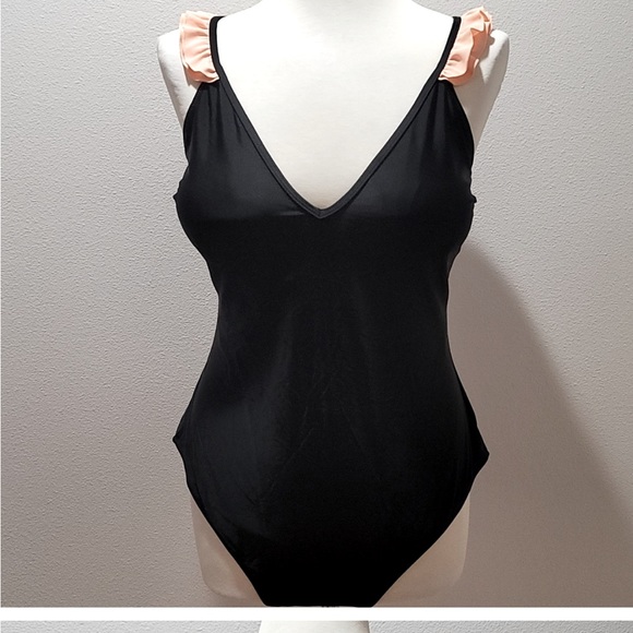 Cupshe Other - CUPSHE ONE PIECE SWIMSUIT BLACK RUFFLE PLUNGING NECK SUMMER BATHING SUIT SIZE 2X
